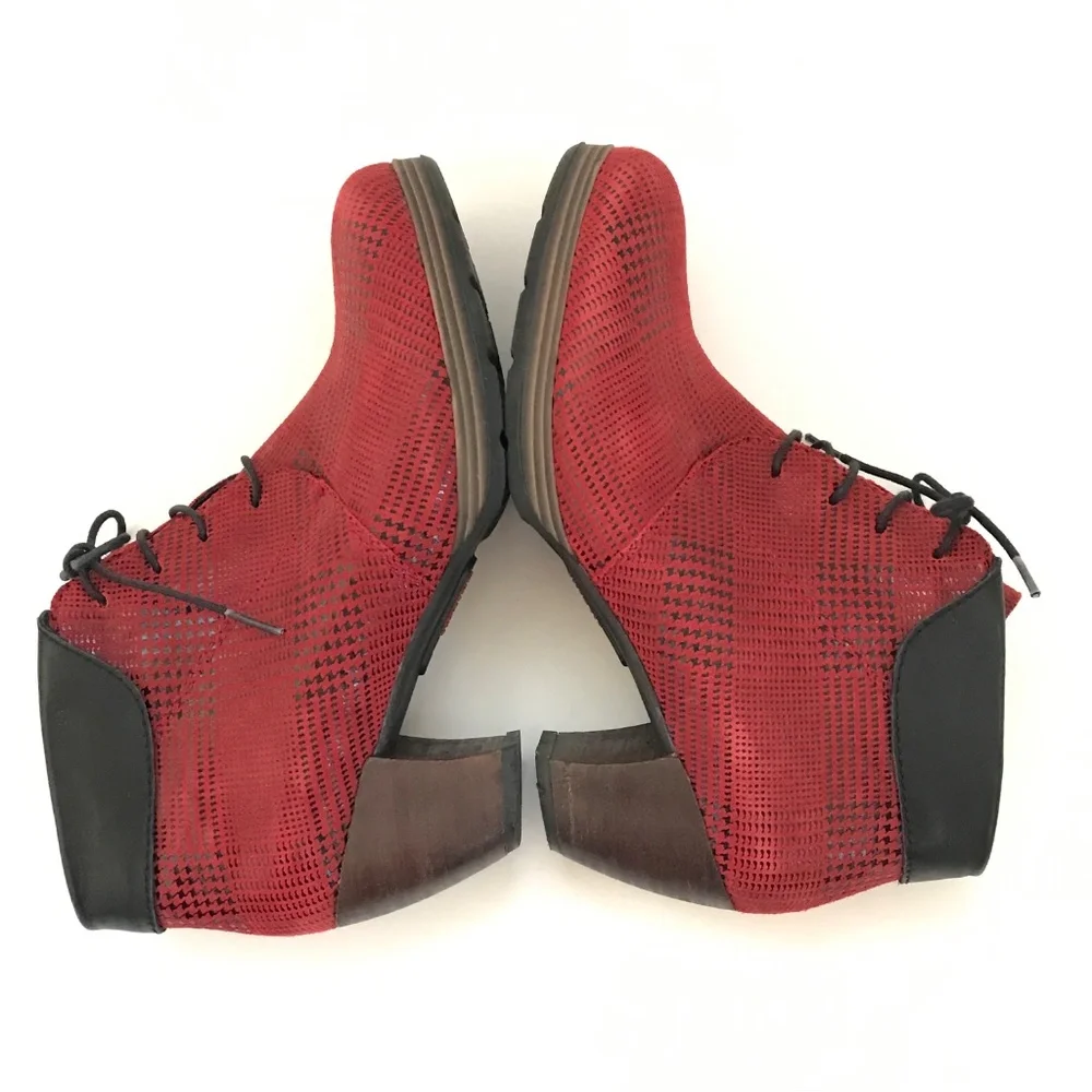 WOLKY Suede Lace-Up Booties Red Black Jacquerie Heeled Boots Women’s Size 9.5